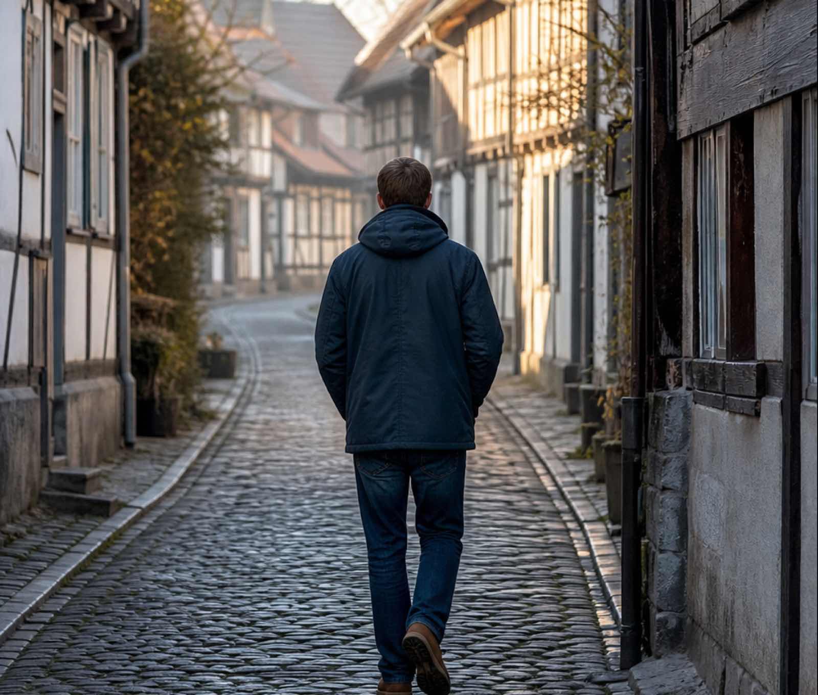 Symbolbild: Ein Mensch geht im Morgenlicht durch eine generische Fachwerkgasse mit Kopfsteinpflaster, von hinten, warme Erdtöne und einladende Tiefe