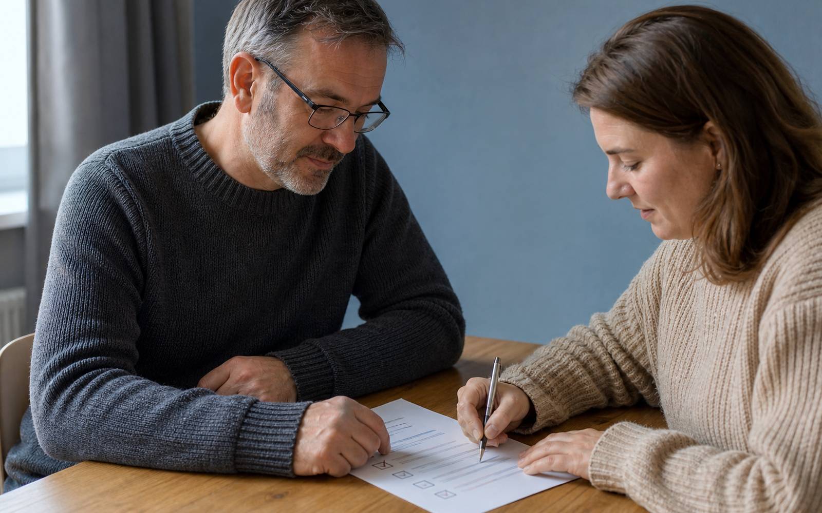Symbolbild: Zwei Personen prüfen gemeinsam eine abstrakte Checkliste am Beratungstisch