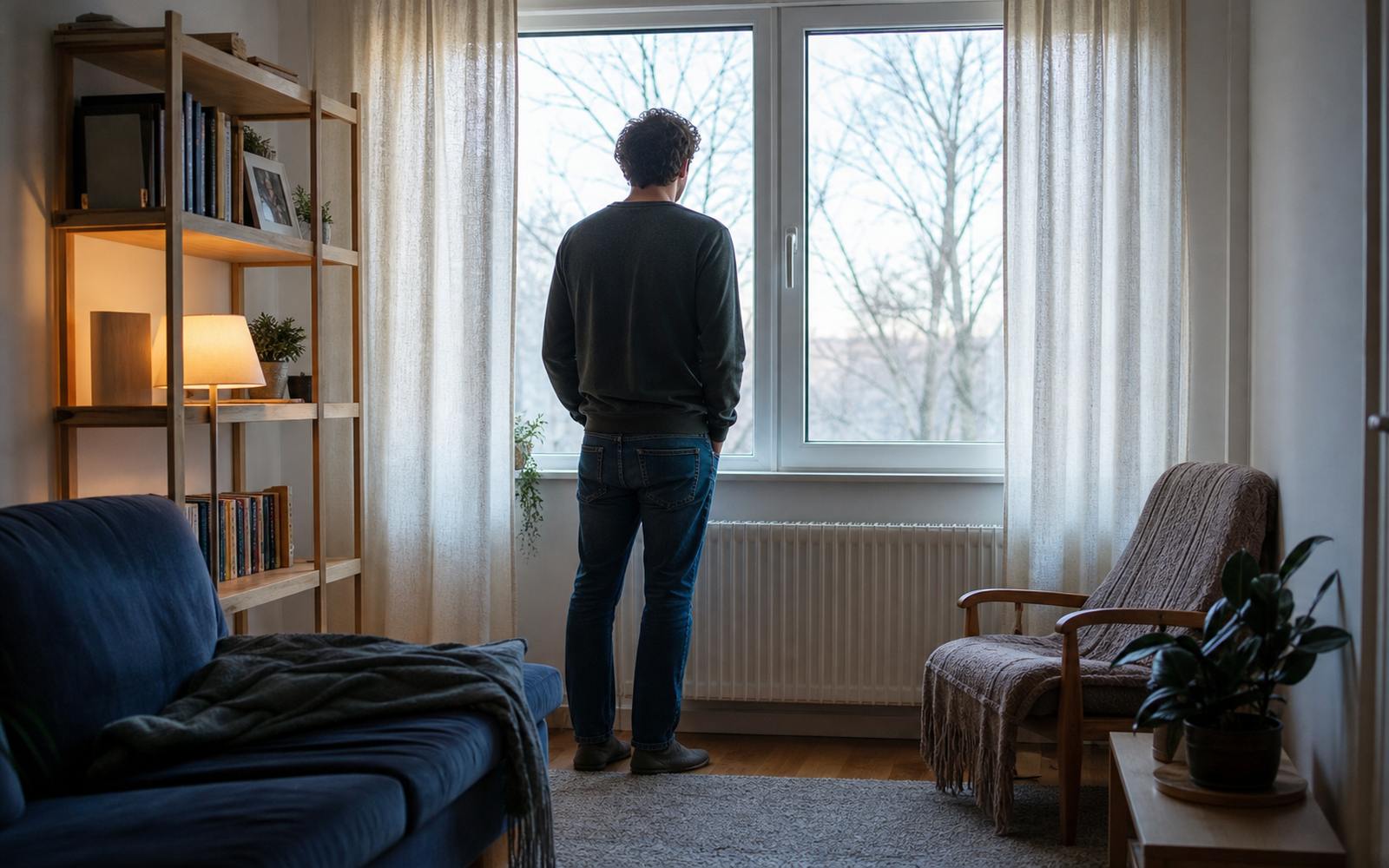 Symbolbild: Person steht von hinten am Fenster einer schlichten bewohnten Wohnung