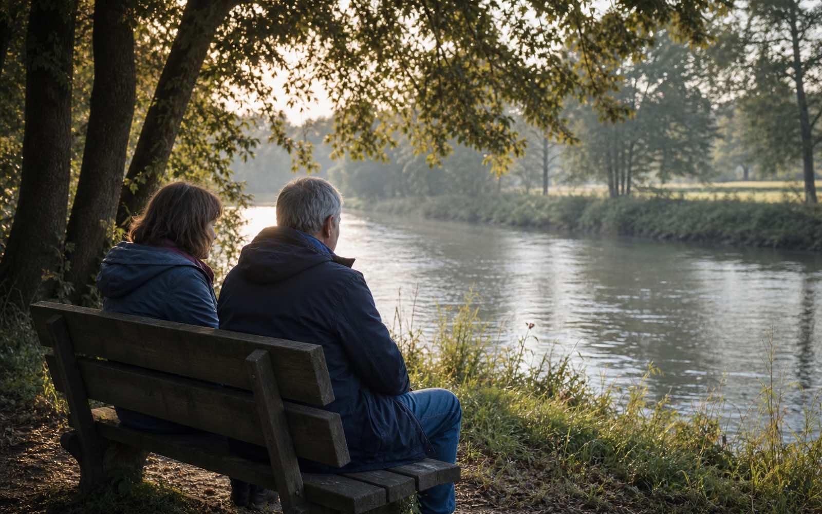 Zwei Menschen sitzen am ruhigen Flussufer unter alten Bäumen auf einer Bank, schräg von hinten im Morgenlicht