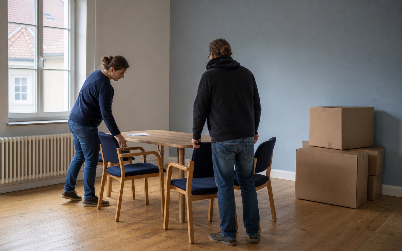 Zwei Mitarbeitende richten einen neuen Beratungsraum ein, stellen Stühle zurecht und haben geschlossene Kartons an der Wand